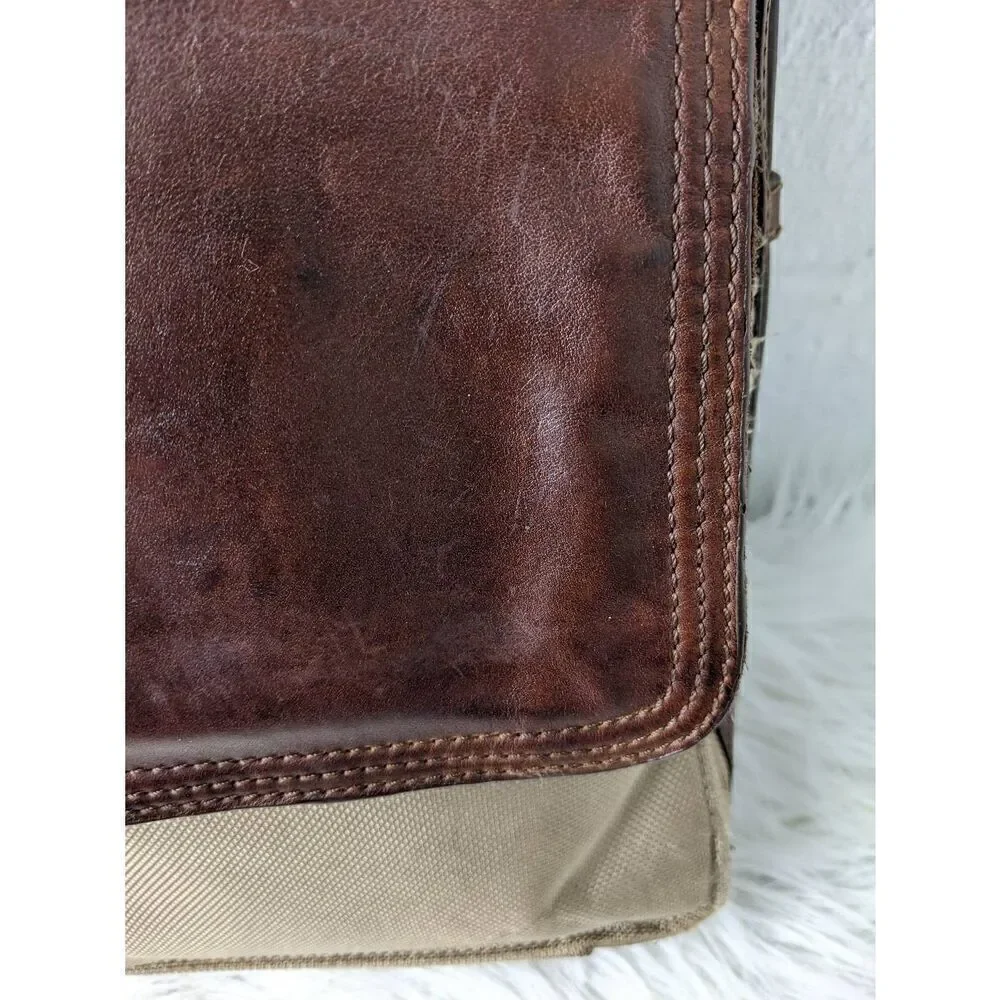 Fossil Messanger Bag Khaki Canvas Brown Leather Shoulder Strap Leather Detail Sn
